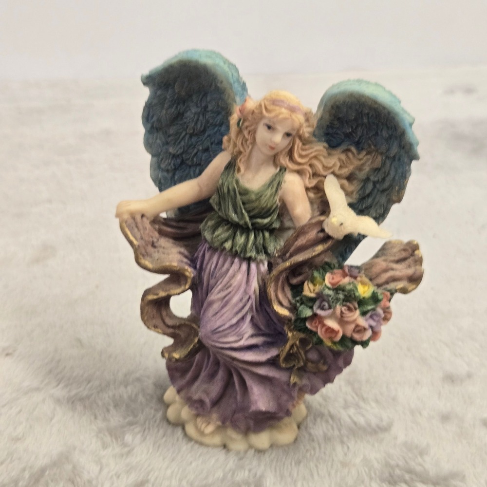 Miniature Angel Figurine Blue Wings Purple Dress Flowers Dove 3 Inch Decor